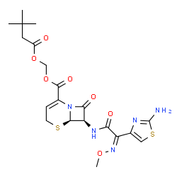 ChemSpider 2D Image | [(3,3-Dimethylbutanoyl)oxy]methyl (6R,7R)-7-{[(2Z)-2-(2-amino-1,3-thiazol-4-yl)-2-(methoxyimino)acetyl]amino}-8-oxo-5-thia-1-azabicyclo[4.2.0]oct-2-ene-2-carboxylate | C20H25N5O7S2