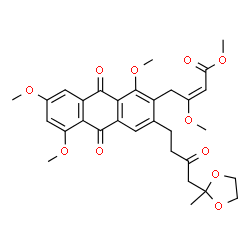 ChemSpider 2D Image | Methyl (2E)-3-methoxy-4-{1,5,7-trimethoxy-3-[4-(2-methyl-1,3-dioxolan-2-yl)-3-oxobutyl]-9,10-dioxo-9,10-dihydro-2-anthracenyl}-2-butenoate | C31H34O11