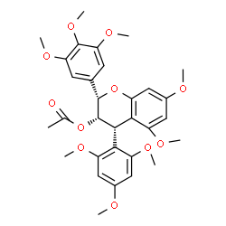 ChemSpider 2D Image | (2S,3S,4S)-5,7-Dimethoxy-4-(2,4,6-trimethoxyphenyl)-2-(3,4,5-trimethoxyphenyl)-3,4-dihydro-2H-chromen-3-yl acetate | C31H36O11