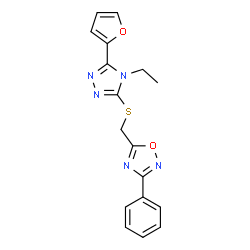 ChemSpider 2D Image | 5-({[4-Ethyl-5-(2-furyl)-4H-1,2,4-triazol-3-yl]sulfanyl}methyl)-3-phenyl-1,2,4-oxadiazole | C17H15N5O2S