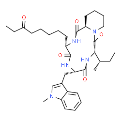 ChemSpider 2D Image | (3S,6S,9S,15aR)-9-[(2S)-2-Butanyl]-6-[(1-methyl-1H-indol-3-yl)methyl]-3-(6-oxooctyl)octahydro-2H-pyrido[1,2-a][1,4,7,10]tetraazacyclododecine-1,4,7,10(3H,12H)-tetrone | C34H49N5O5