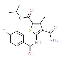 ChemSpider 2D Image | Isopropyl 4-carbamoyl-5-[(4-fluorobenzoyl)amino]-3-methyl-2-thiophenecarboxylate | C17H17FN2O4S