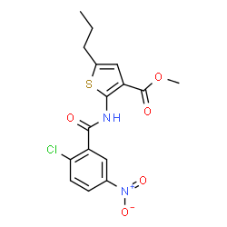 ChemSpider 2D Image | Methyl 2-[(2-chloro-5-nitrobenzoyl)amino]-5-propyl-3-thiophenecarboxylate | C16H15ClN2O5S