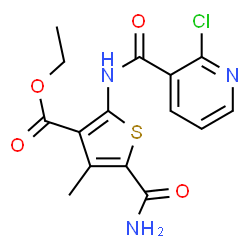 ChemSpider 2D Image | Ethyl 5-carbamoyl-2-{[(2-chloro-3-pyridinyl)carbonyl]amino}-4-methyl-3-thiophenecarboxylate | C15H14ClN3O4S