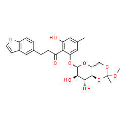 ChemSpider 2D Image | 2-[3-(1-Benzofuran-5-yl)propanoyl]-3-hydroxy-5-methylphenyl 4,6-O-(1-methoxyethylidene)-beta-D-glucopyranoside | C27H30O10