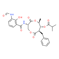ChemSpider 2D Image | (3S,6S,7R,8R)-8-Benzyl-3-[(3-formamido-2-hydroxybenzoyl)amino]-6-methyl-4,9-dioxo-1,5-dioxonan-7-yl 2-methylpropanoate | C27H30N2O9