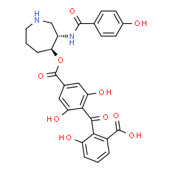 ChemSpider 2D Image | 2-{2,6-Dihydroxy-4-[({(3S,4S)-3-[(4-hydroxybenzoyl)amino]-4-azepanyl}oxy)carbonyl]benzoyl}-3-hydroxybenzoic acid | C28H26N2O10