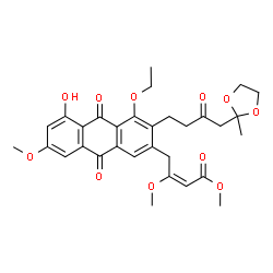 ChemSpider 2D Image | Methyl (2E)-4-{4-ethoxy-5-hydroxy-7-methoxy-3-[4-(2-methyl-1,3-dioxolan-2-yl)-3-oxobutyl]-9,10-dioxo-9,10-dihydro-2-anthracenyl}-3-methoxy-2-butenoate | C31H34O11