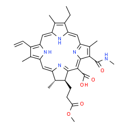 ChemSpider 2D Image | (2S,3S)-12-Ethyl-3-(3-methoxy-3-oxopropyl)-2,8,13,18-tetramethyl-7-(methylcarbamoyl)-17-vinyl-2,3-dihydro-5-porphyrincarboxylic acid | C35H39N5O5
