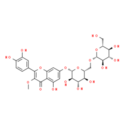 ChemSpider 2D Image | 2-(3,4-Dihydroxyphenyl)-5-hydroxy-3-methoxy-4-oxo-4H-chromen-7-yl 6-O-beta-D-glucopyranosyl-beta-D-glucopyranoside | C28H32O17