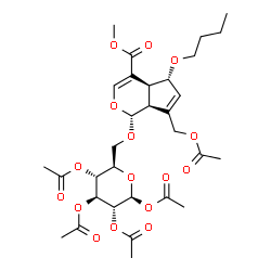 ChemSpider 2D Image | 6-O-[(1R,4aS,5R,7aS)-7-(Acetoxymethyl)-5-butoxy-4-(methoxycarbonyl)-1,4a,5,7a-tetrahydrocyclopenta[c]pyran-1-yl]-1,2,3,4-tetra-O-acetyl-beta-D-glucopyranose | C31H42O16