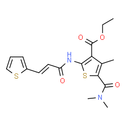 ChemSpider 2D Image | Ethyl 5-(dimethylcarbamoyl)-4-methyl-2-{[(2E)-3-(2-thienyl)-2-propenoyl]amino}-3-thiophenecarboxylate | C18H20N2O4S2