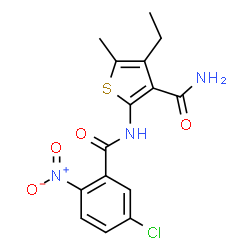 ChemSpider 2D Image | 2-[(5-Chloro-2-nitrobenzoyl)amino]-4-ethyl-5-methyl-3-thiophenecarboxamide | C15H14ClN3O4S