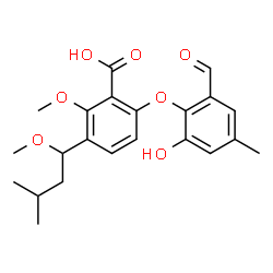 ChemSpider 2D Image | 6-(2-Formyl-6-hydroxy-4-methylphenoxy)-2-methoxy-3-(1-methoxy-3-methylbutyl)benzoic acid | C22H26O7