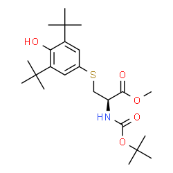 ChemSpider 2D Image | Methyl S-[4-hydroxy-3,5-bis(2-methyl-2-propanyl)phenyl]-N-{[(2-methyl-2-propanyl)oxy]carbonyl}-L-cysteinate | C23H37NO5S
