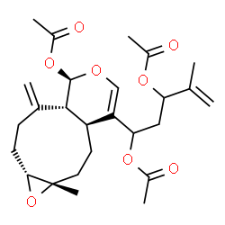 ChemSpider 2D Image | 5-[(1aS,3aS,7R,7aR,10aR)-7-Acetoxy-1a-methyl-8-methylene-1a,2,3,3a,7,7a,8,9,10,10a-decahydrooxireno[5,6]cyclonona[1,2-c]pyran-4-yl]-2-methyl-1-pentene-3,5-diyl diacetate | C26H36O8