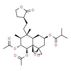 ChemSpider 2D Image | (1R,3R,4aR,5R,6S,7R,8R,8aR)-7,8-Diacetoxy-8a-formyl-5,6-dimethyl-5-{2-[(3S)-2-oxotetrahydro-3-furanyl]ethyl}octahydro-2H-spiro[naphthalene-1,2'-oxiran]-3-yl 2-methylpropanoate | C28H40O10