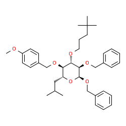 ChemSpider 2D Image | Benzyl (5R)-2-O-benzyl-3-O-(4,4-dimethylpentyl)-5-isobutyl-4-O-(4-methoxybenzyl)-alpha-D-xylopyranoside | C38H52O6