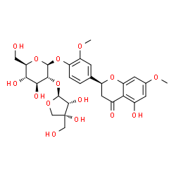 ChemSpider 2D Image | 4-[(2S)-5-Hydroxy-7-methoxy-4-oxo-3,4-dihydro-2H-chromen-2-yl]-2-methoxyphenyl 2-O-[(2S,3R,4R)-3,4-dihydroxy-4-(hydroxymethyl)tetrahydro-2-furanyl]-beta-D-glucopyranoside | C28H34O15