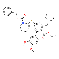 ChemSpider 2D Image | 1-Benzyl 6-ethyl 7-[(diethylamino)methyl]-5-(3,4-dimethoxyphenyl)-3,4-dihydropyrido[3',2':4,5]thieno[2,3-b]pyridine-1,6(2H)-dicarboxylate | C34H39N3O6S