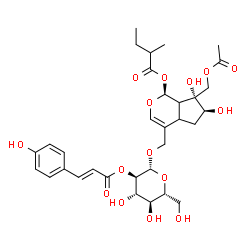 ChemSpider 2D Image | (1S,6S,7R)-7-(Acetoxymethyl)-6,7-dihydroxy-4-[({2-O-[(2E)-3-(4-hydroxyphenyl)-2-propenoyl]-beta-D-glucopyranosyl}oxy)methyl]-1,4a,5,6,7,7a-hexahydrocyclopenta[c]pyran-1-yl 2-methylbutanoate | C32H42O15