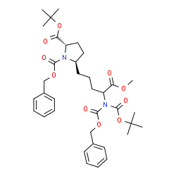 ChemSpider 2D Image | 1-Benzyl 2-(2-methyl-2-propanyl) (2S,5R)-5-[4-([(benzyloxy)carbonyl]{[(2-methyl-2-propanyl)oxy]carbonyl}amino)-5-methoxy-5-oxopentyl]-1,2-pyrrolidinedicarboxylate | C36H48N2O10