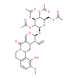 ChemSpider 2D Image | (11S,12R,12aS,13aR)-1-Hydroxy-2-methoxy-8-oxo-12-vinyl-5,11,12,12a,13,13a-hexahydro-6H,8H-pyrano[4',3':4,5]pyrido[2,1-a]isoquinolin-11-yl 2,3,4,6-tetra-O-acetyl-beta-D-glucopyranoside | C33H39NO14