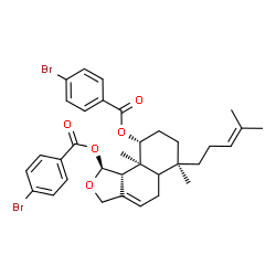 ChemSpider 2D Image | (1S,6R,9R,9aS,9bS)-6,9a-Dimethyl-6-(4-methyl-3-penten-1-yl)-1,3,5,5a,6,7,8,9,9a,9b-decahydronaphtho[1,2-c]furan-1,9-diyl bis(4-bromobenzoate) | C34H38Br2O5