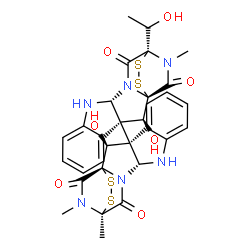 ChemSpider 2D Image | (1S,1'S,2S,2'S,3S,3'S,11R,11'R,14S,14'S)-2,2'-Dihydroxy-14-[(1R)-1-hydroxyethyl]-14',18,18'-trimethyl-3,3'-bi(15,16-dithia-10,12,18-triazapentacyclo[12.2.2.0~1,12~.0~3,11~.0~4,9~]octadecane)-4,4',6,6'
,8,8'-hexaene-13,13',17,17'-tetrone | C31H30N6O7S4