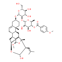 ChemSpider 2D Image | (1R,2aR,3R,4R,5aS,6aS,6bR,10S,12aR,12bS,14aS,14bR)-4-Hydroxy-1-methoxy-2a,12a-dimethyl-3-(2-methyl-1-propen-1-yl)-3,4,5a,6,6a,6b,7,9,10,11,12,12a,12b,13,14,14b-hexadecahydro-2aH-2,5-dioxacyclopenta[1,
7]indeno[2,1-a]phenanthren-10-yl 2-O-[6-deoxy-4-O-(4-methoxybenzoyl)-alpha-L-mannopyranosyl]-beta-D-glucopyranoside | C48H68O16