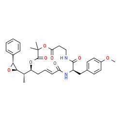ChemSpider 2D Image | (10R,13E,16S)-10-(4-Methoxybenzyl)-3,3-dimethyl-16-{(1S)-1-[(2R,3R)-3-phenyl-2-oxiranyl]ethyl}-1,4-dioxa-8,11-diazacyclohexadec-13-ene-2,5,9,12-tetrone | C32H38N2O8