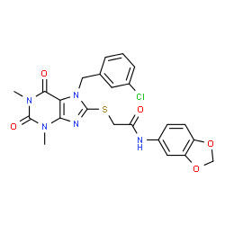 ChemSpider 2D Image | N-(1,3-Benzodioxol-5-yl)-2-{[7-(3-chlorobenzyl)-1,3-dimethyl-2,6-dioxo-2,3,6,7-tetrahydro-1H-purin-8-yl]sulfanyl}acetamide | C23H20ClN5O5S