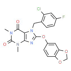 ChemSpider 2D Image | 8-(1,3-Benzodioxol-5-yloxy)-7-(2-chloro-4-fluorobenzyl)-1,3-dimethyl-3,7-dihydro-1H-purine-2,6-dione | C21H16ClFN4O5
