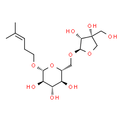 ChemSpider 2D Image | 4-Methyl-3-penten-1-yl 6-O-[(2R,3R,4R)-3,4-dihydroxy-4-(hydroxymethyl)tetrahydro-2-furanyl]-beta-D-glucopyranoside | C17H30O10