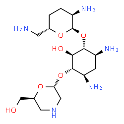 ChemSpider 2D Image | (1R,2R,3S,4R,6S)-4,6-Diamino-2-hydroxy-3-{[(2R,6S)-6-(hydroxymethyl)-2-morpholinyl]oxy}cyclohexyl 2,6-diamino-2,3,4,6-tetradeoxy-alpha-D-erythro-hexopyranoside | C17H35N5O6