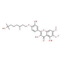ChemSpider 2D Image | 3,5-Dihydroxy-2-{3-hydroxy-4-[(7-hydroxy-3,7-dimethyloctyl)oxy]phenyl}-6,7-dimethoxy-4H-chromen-4-one | C27H34O9