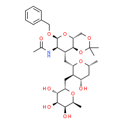 ChemSpider 2D Image | N-[(4aR,6S,7R,8R,8aS)-6-(Benzyloxy)-8-{[(2S,3R,4S,6R)-4-hydroxy-6-methyl-3-{[(2S,3S,4R,5S,6S)-3,4,5-trihydroxy-6-methyltetrahydro-2H-pyran-2-yl]methyl}tetrahydro-2H-pyran-2-yl]methyl}-2,2-dimethylhexa
hydropyrano[3,2-d][1,3]dioxin-7-yl]acetamide | C32H49NO11