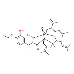 ChemSpider 2D Image | (1R,5S,7S)-3-(4-Ethoxy-3-hydroxybenzoyl)-4-hydroxy-5-[(2R)-2-isopropenyl-5-methyl-4-hexen-1-yl]-8,8-dimethyl-1,7-bis(3-methyl-2-buten-1-yl)bicyclo[3.3.1]nonane-2,9-dione | C40H56O6