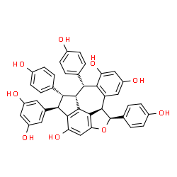 ChemSpider 2D Image | (3R,4R,4aR,5R,9bR,10S)-3-(3,5-Dihydroxyphenyl)-4,5,10-tris(4-hydroxyphenyl)-3,4,4a,5,9b,10-hexahydro-11-oxabenzo[5,6]cyclohepta[1,2,3,4-jkl]-as-indacene-2,6,8-triol | C42H32O9