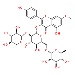 ChemSpider 2D Image | 5-Hydroxy-2-(4-hydroxyphenyl)-7-methoxy-4-oxo-4H-chromen-3-yl 6-deoxy-alpha-L-mannopyranosyl-(1->6)-[beta-D-xylopyranosyl-(1->2)]-beta-D-glucopyranoside | C33H40O19
