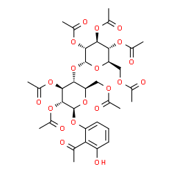 ChemSpider 2D Image | 2-Acetyl-3-hydroxyphenyl 2,3,6-tri-O-acetyl-4-O-(2,3,4,6-tetra-O-acetyl-alpha-D-glucopyranosyl)-beta-D-glucopyranoside | C34H42O20