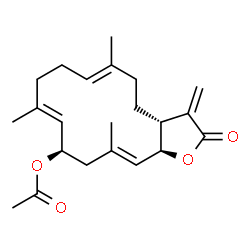 ChemSpider 2D Image | (3aR,6E,10E,12R,14E,15aS)-6,10,14-Trimethyl-3-methylene-2-oxo-2,3,3a,4,5,8,9,12,13,15a-decahydrocyclotetradeca[b]furan-12-yl acetate | C22H30O4