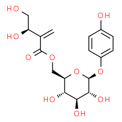 ChemSpider 2D Image | 4-Hydroxyphenyl 6-O-[(3R)-3,4-dihydroxy-2-methylenebutanoyl]-beta-D-glucopyranoside | C17H22O10