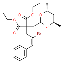 ChemSpider 2D Image | Diethyl [(2E)-2-bromo-3-phenyl-2-propen-1-yl]{[(4R,6R)-4,6-dimethyl-1,3-dioxan-2-yl]methyl}malonate | C23H31BrO6