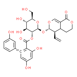 ChemSpider 2D Image | (5R,6S)-1-Oxo-5-vinyl-4,4a,5,6-tetrahydro-1H,3H-pyrano[3,4-c]pyran-6-yl 2-O-{[3,3',5-trihydroxy(1-~13~C)-2-biphenylyl]carbonyl}-beta-D-glucopyranoside | C2813CH30O13
