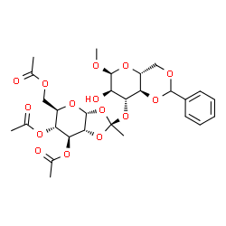 ChemSpider 2D Image | (2S,3aR,5R,6R,7S,7aR)-5-(Acetoxymethyl)-2-{[(4aR,6S,7R,8R,8aR)-7-hydroxy-6-methoxy-2-phenylhexahydropyrano[3,2-d][1,3]dioxin-8-yl]oxy}-2-methyltetrahydro-3aH-[1,3]dioxolo[4,5-b]pyran-6,7-diyl diacetat
e | C28H36O15