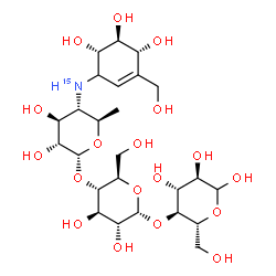 ChemSpider 2D Image | 4,6-Dideoxy-4-{[(4R,5S,6S)-4,5,6-trihydroxy-3-(hydroxymethyl)-2-cyclohexen-1-yl](~15~N)amino}-alpha-D-glucopyranosyl-(1->4)-alpha-D-glucopyranosyl-(1->4)-D-glucopyranose | C25H4315NO18