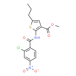 ChemSpider 2D Image | Methyl 2-[(2-chloro-4-nitrobenzoyl)amino]-5-propyl-3-thiophenecarboxylate | C16H15ClN2O5S