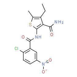 ChemSpider 2D Image | 2-[(2-Chloro-5-nitrobenzoyl)amino]-4-ethyl-5-methyl-3-thiophenecarboxamide | C15H14ClN3O4S