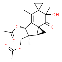 ChemSpider 2D Image | [(1aS,2S,3R,6R,7aR)-3-Acetoxy-6-hydroxy-2,4,6-trimethyl-7-oxo-1,1a,2,3,6,7-hexahydrospiro[cyclopropa[c]indene-5,1'-cyclopropan]-2-yl]methyl acetate | C20H26O6